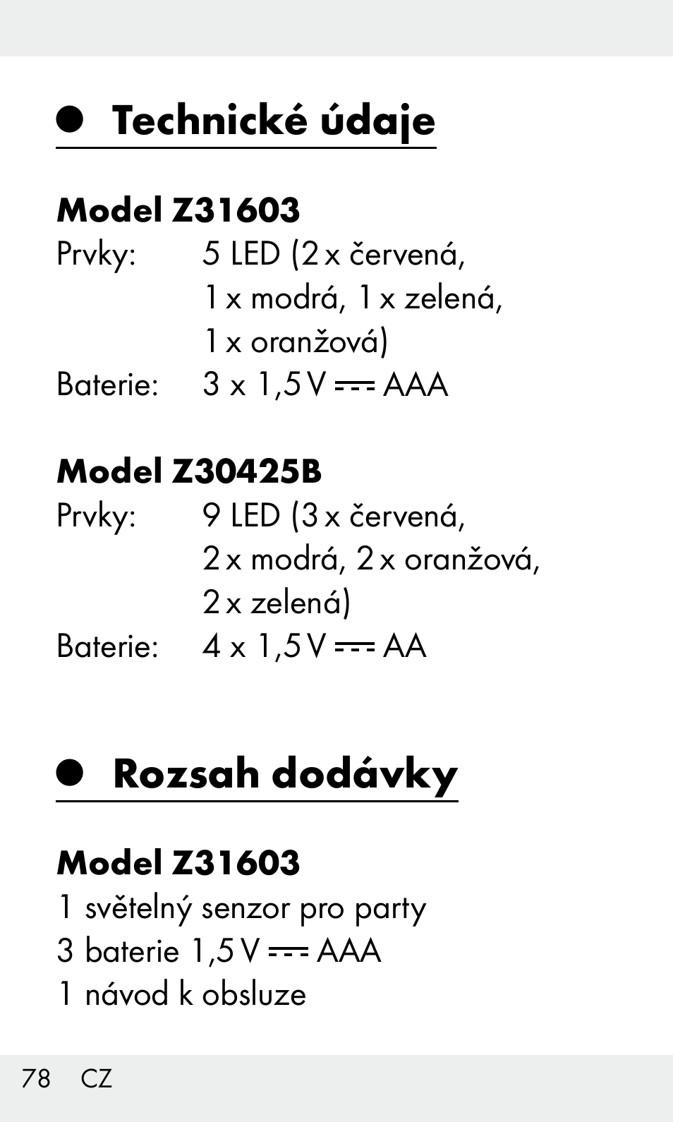 Technické údaje, Rozsah dodávky | Livarno Z31603/Z30425B User Manual | Page 78 / 128