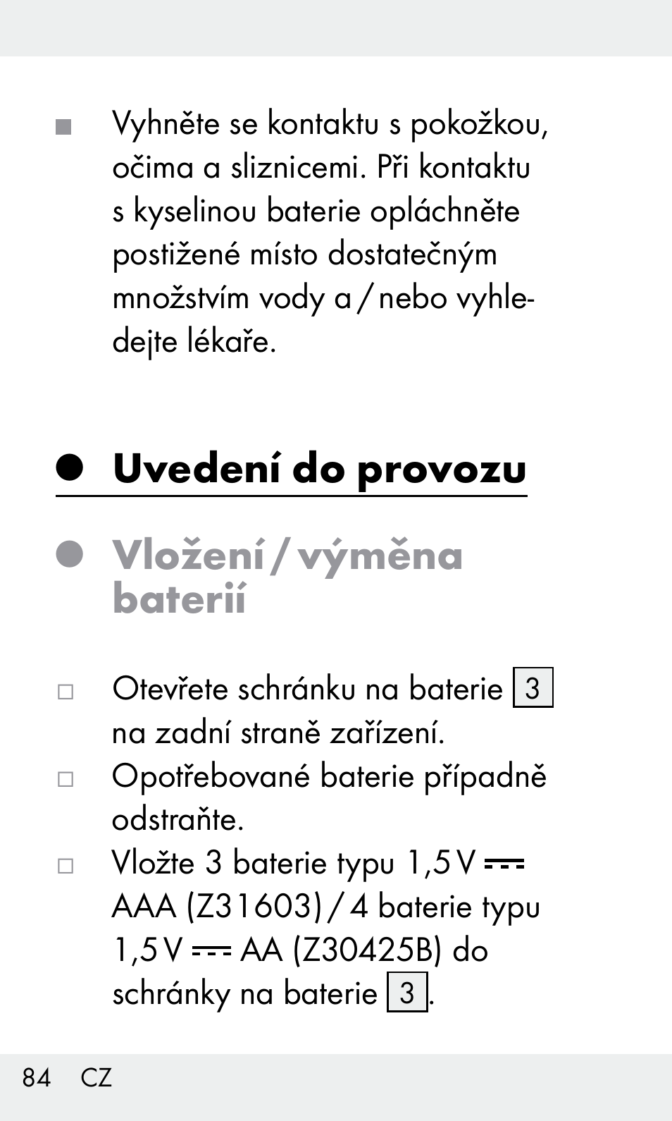 Uvedení do provozu, Vložení / výměna baterií | Livarno Z31603/Z30425B User Manual | Page 84 / 128