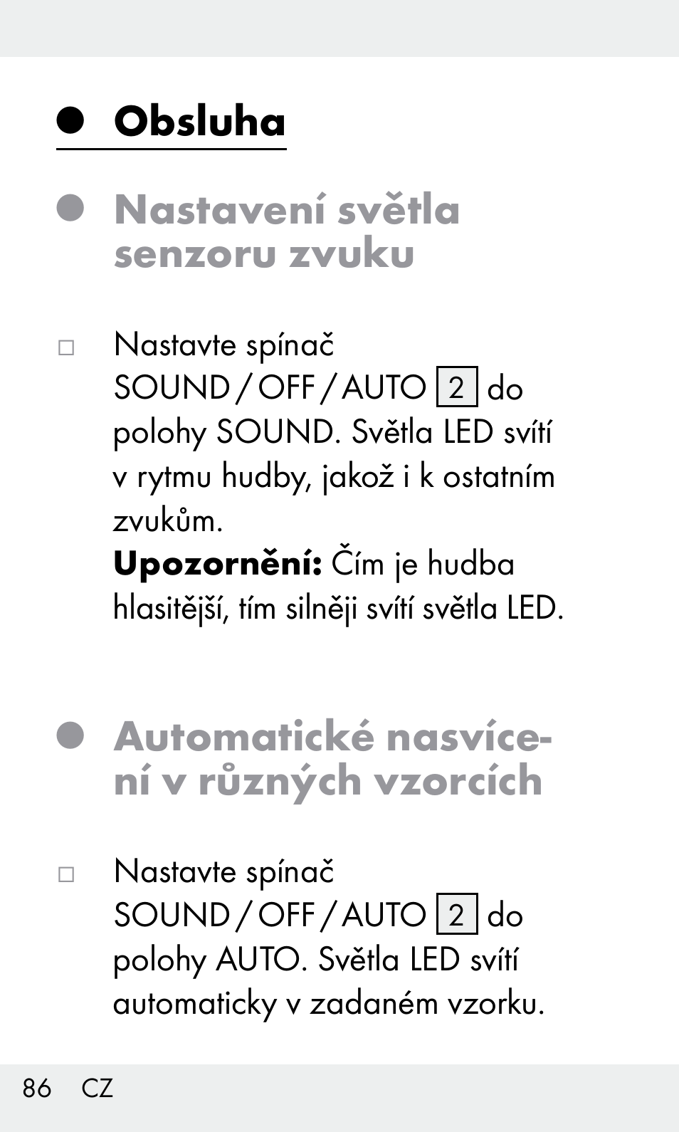 Obsluha, Nastavení světla senzoru zvuku, Automatické nasvíce- ní v různých vzorcích | Livarno Z31603/Z30425B User Manual | Page 86 / 128