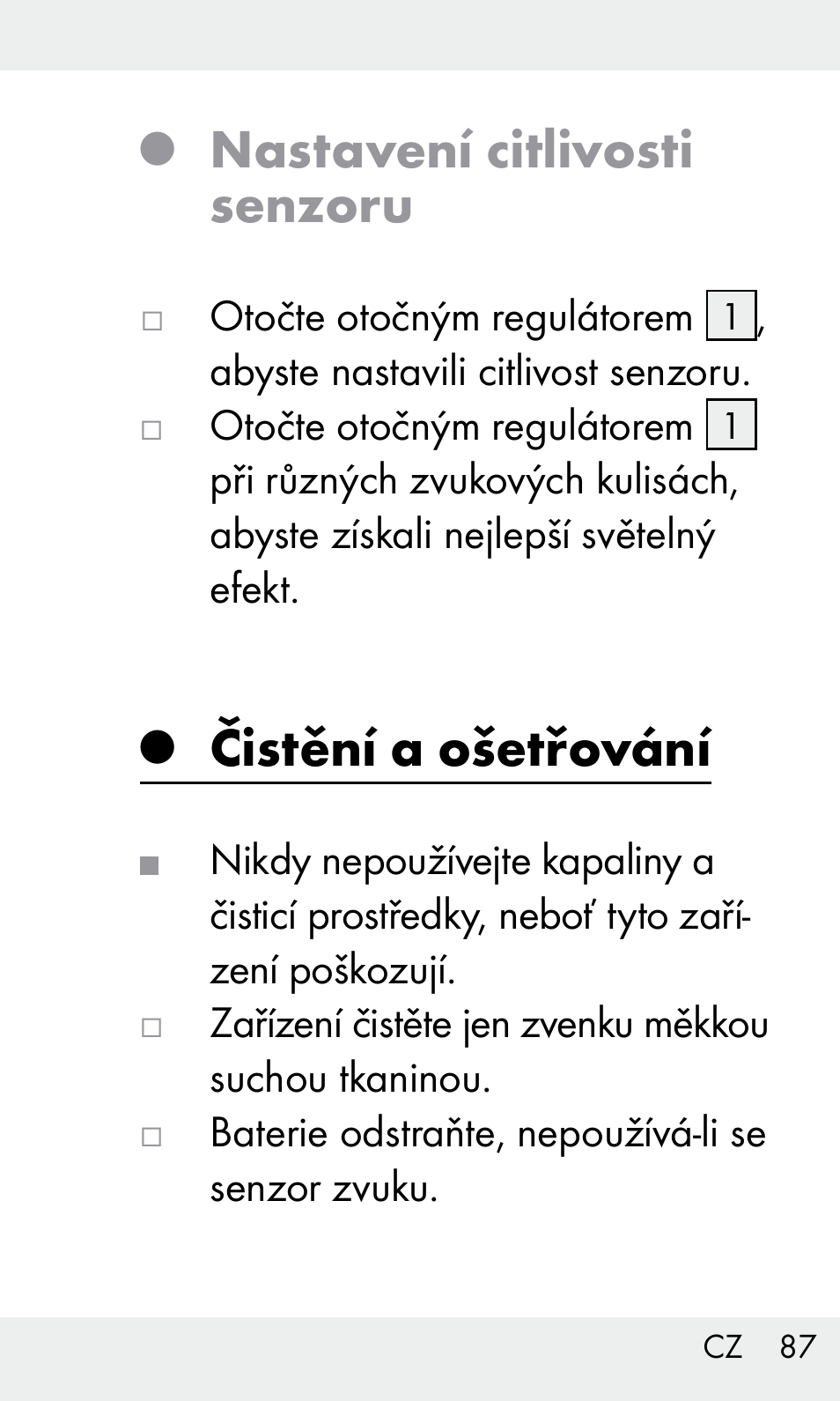 Nastavení citlivosti senzoru, Čistění a ošetřování | Livarno Z31603/Z30425B User Manual | Page 87 / 128