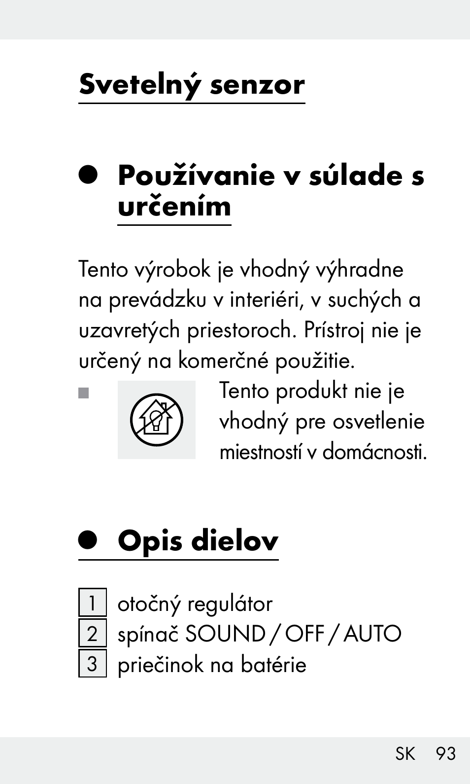 Svetelný senzor, Používanie v súlade s určením, Opis dielov | Livarno Z31603/Z30425B User Manual | Page 93 / 128