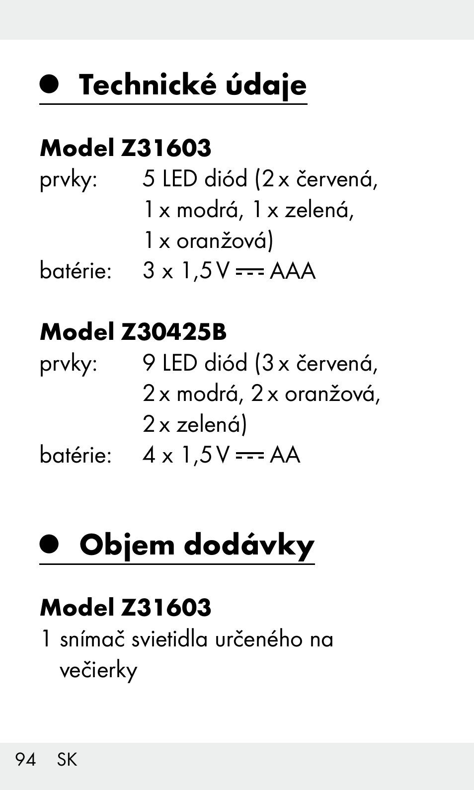 Technické údaje, Objem dodávky | Livarno Z31603/Z30425B User Manual | Page 94 / 128