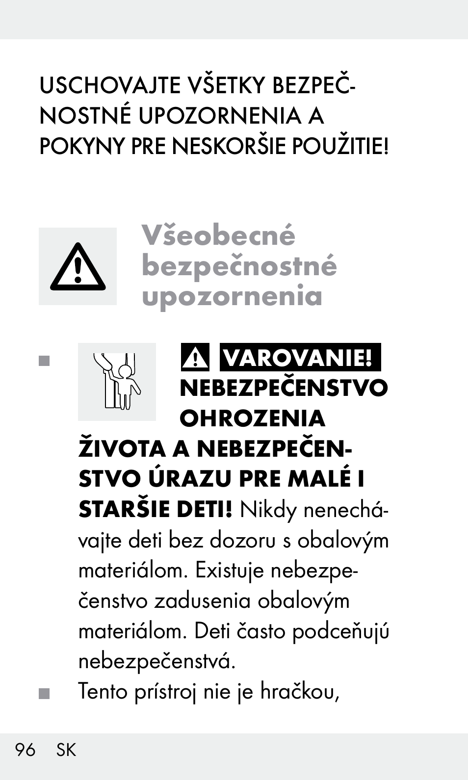 Všeobecné bezpečnostné upozornenia | Livarno Z31603/Z30425B User Manual | Page 96 / 128