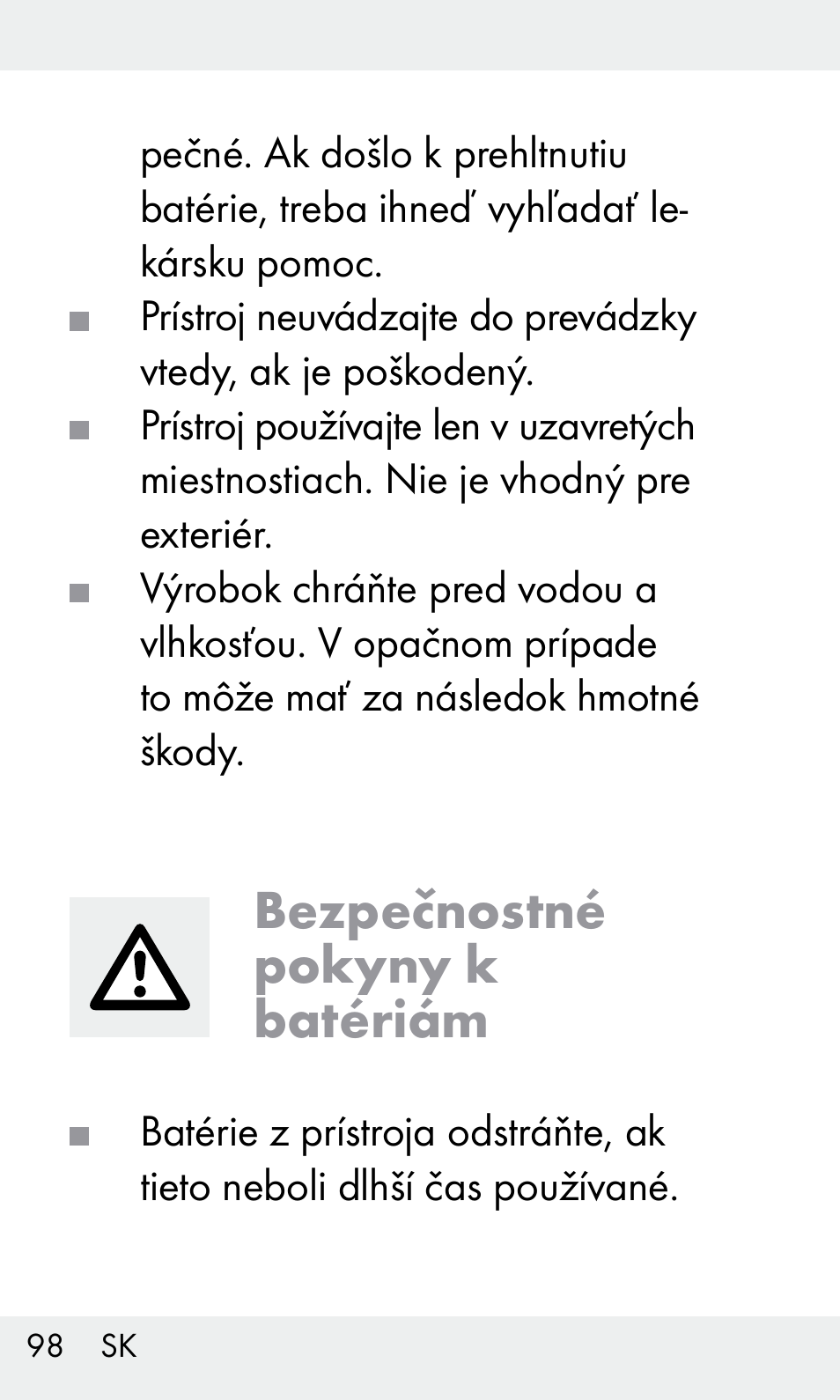 Bezpečnostné pokyny k batériám | Livarno Z31603/Z30425B User Manual | Page 98 / 128