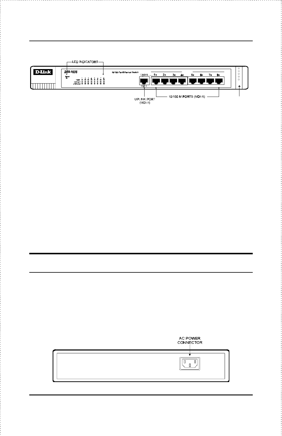 Rear panel, The des-1008 cable organizer, Des-1004 | D-Link DES-1004 User Manual | Page 24 / 46