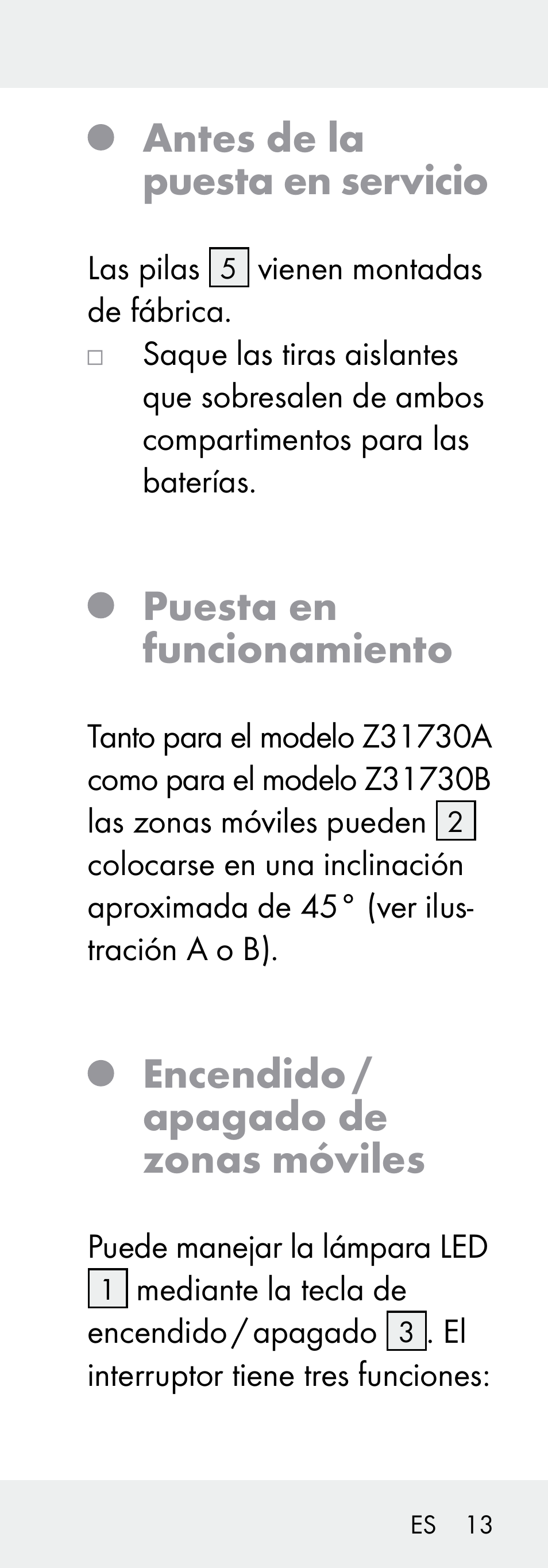 Antes de la puesta en servicio, Puesta en funcionamiento, Encendido / apagado de zonas móviles | Livarno Z31730A/Z31730B User Manual | Page 13 / 68