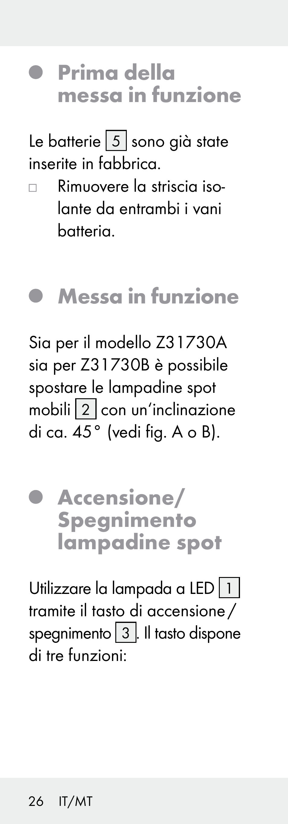 Prima della messa in funzione, Messa in funzione, Accensione/ spegnimento lampadine spot | Livarno Z31730A/Z31730B User Manual | Page 26 / 68