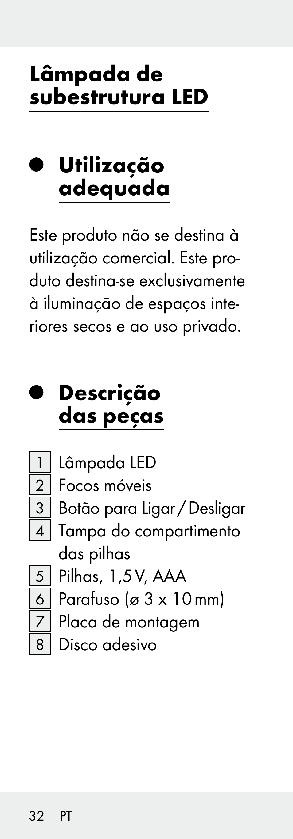 Lâmpada de subestrutura led utilização adequada, Descrição das peças | Livarno Z31730A/Z31730B User Manual | Page 32 / 68