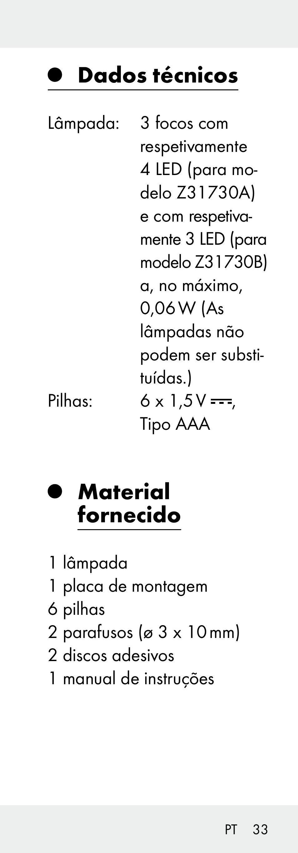 Dados técnicos, Material fornecido | Livarno Z31730A/Z31730B User Manual | Page 33 / 68