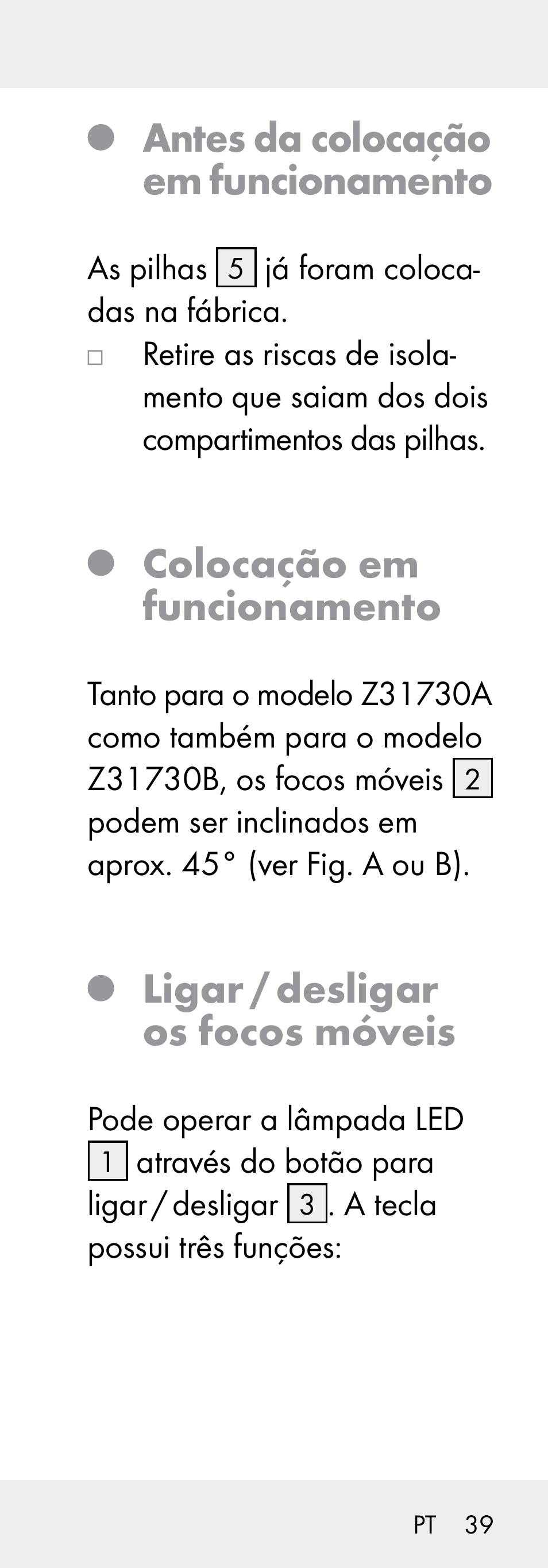 Antes da colocação em funcionamento, Colocação em funcionamento, Ligar / desligar os focos móveis | Livarno Z31730A/Z31730B User Manual | Page 39 / 68