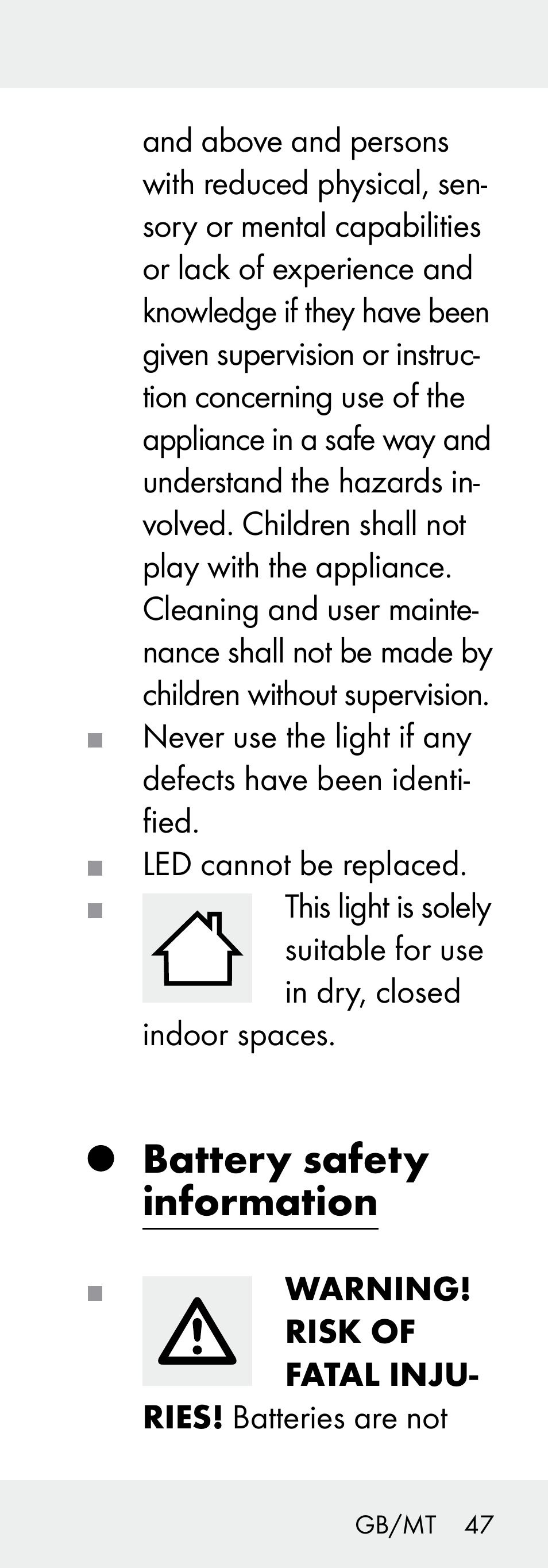 Battery safety information | Livarno Z31730A/Z31730B User Manual | Page 47 / 68