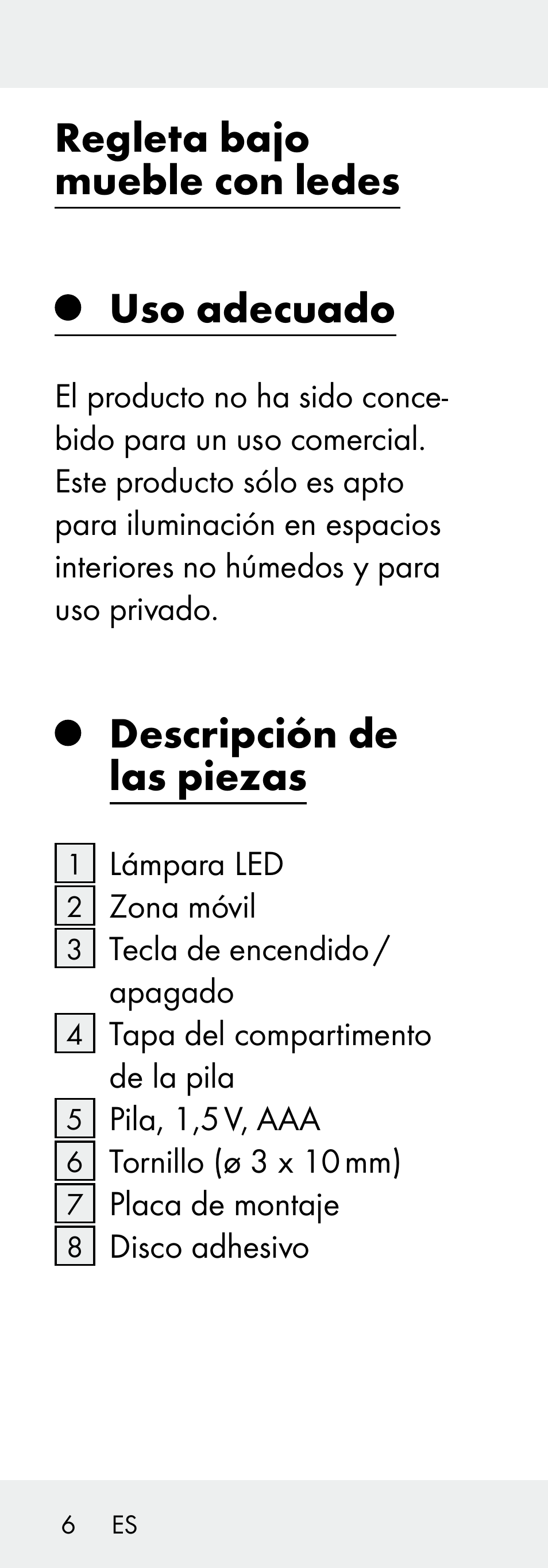 Regleta bajo mueble con ledes uso adecuado, Descripción de las piezas | Livarno Z31730A/Z31730B User Manual | Page 6 / 68