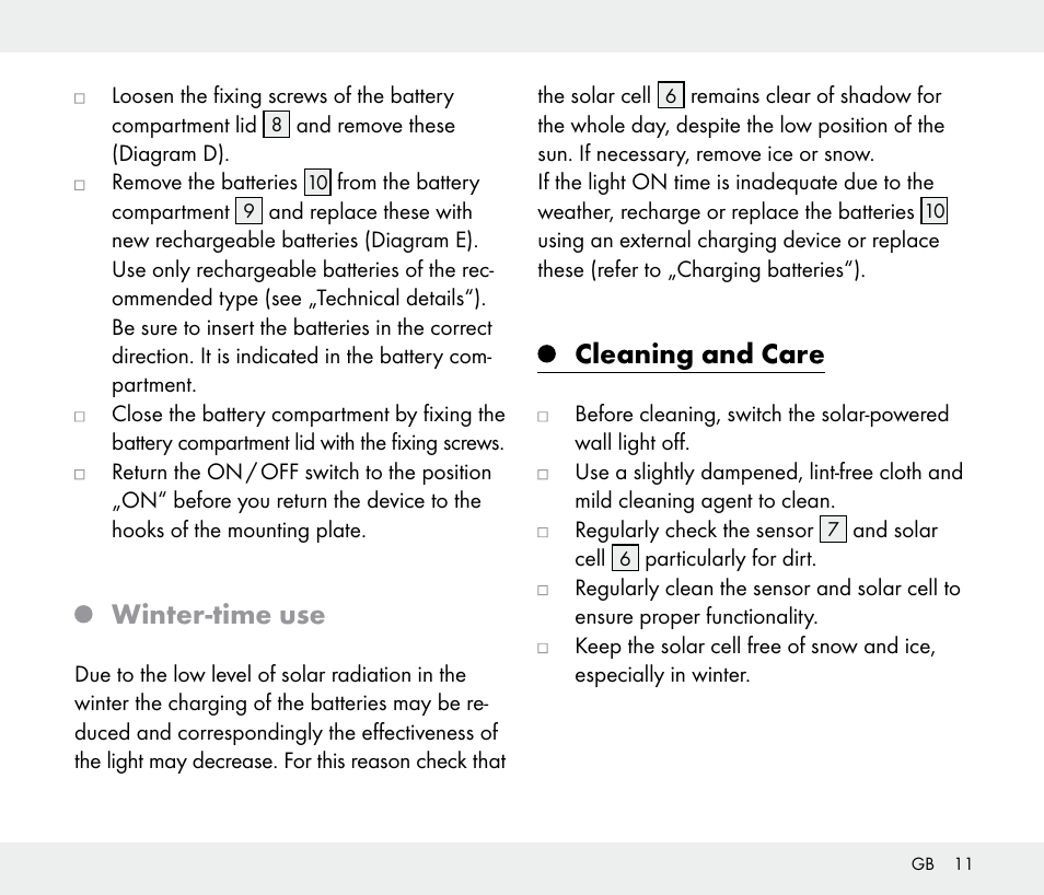 Winter-time use, Cleaning and care | Livarno 108340-14-01/108340-14-02/108340-14-03 User Manual | Page 11 / 42