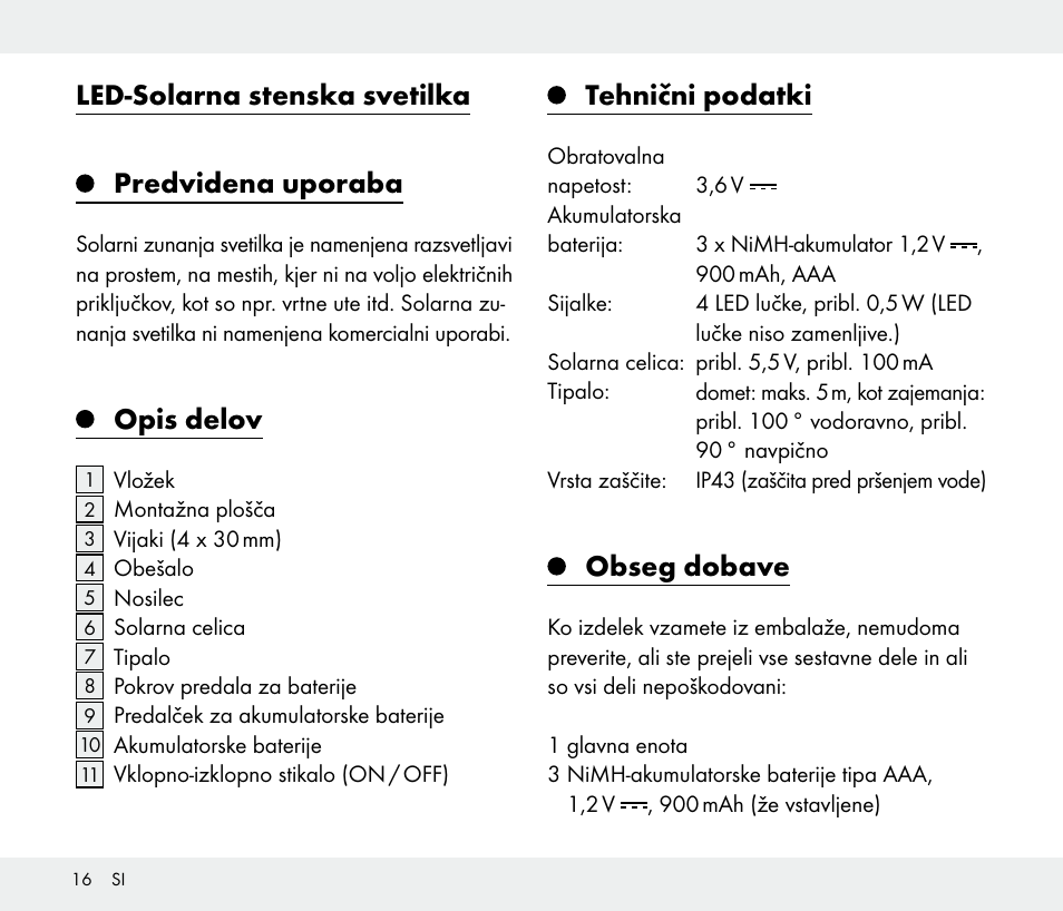 Led-solarna stenska svetilka, Predvidena uporaba, Opis delov | Tehnični podatki, Obseg dobave | Livarno 108340-14-01/108340-14-02/108340-14-03 User Manual | Page 16 / 42