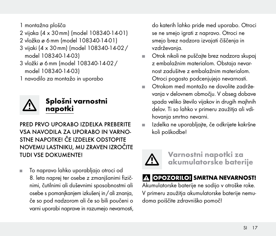 Splošni varnostni napotki, Varnostni napotki za akumulatorske baterije | Livarno 108340-14-01/108340-14-02/108340-14-03 User Manual | Page 17 / 42