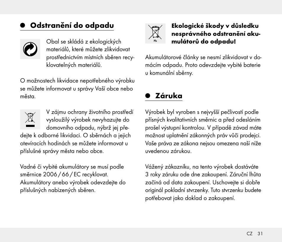 Odstranění do odpadu, Záruka | Livarno 108340-14-01/108340-14-02/108340-14-03 User Manual | Page 31 / 42