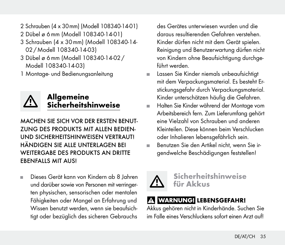 Allgemeine sicherheitshinweise, Sicherheitshinweise für akkus | Livarno 108340-14-01/108340-14-02/108340-14-03 User Manual | Page 35 / 42