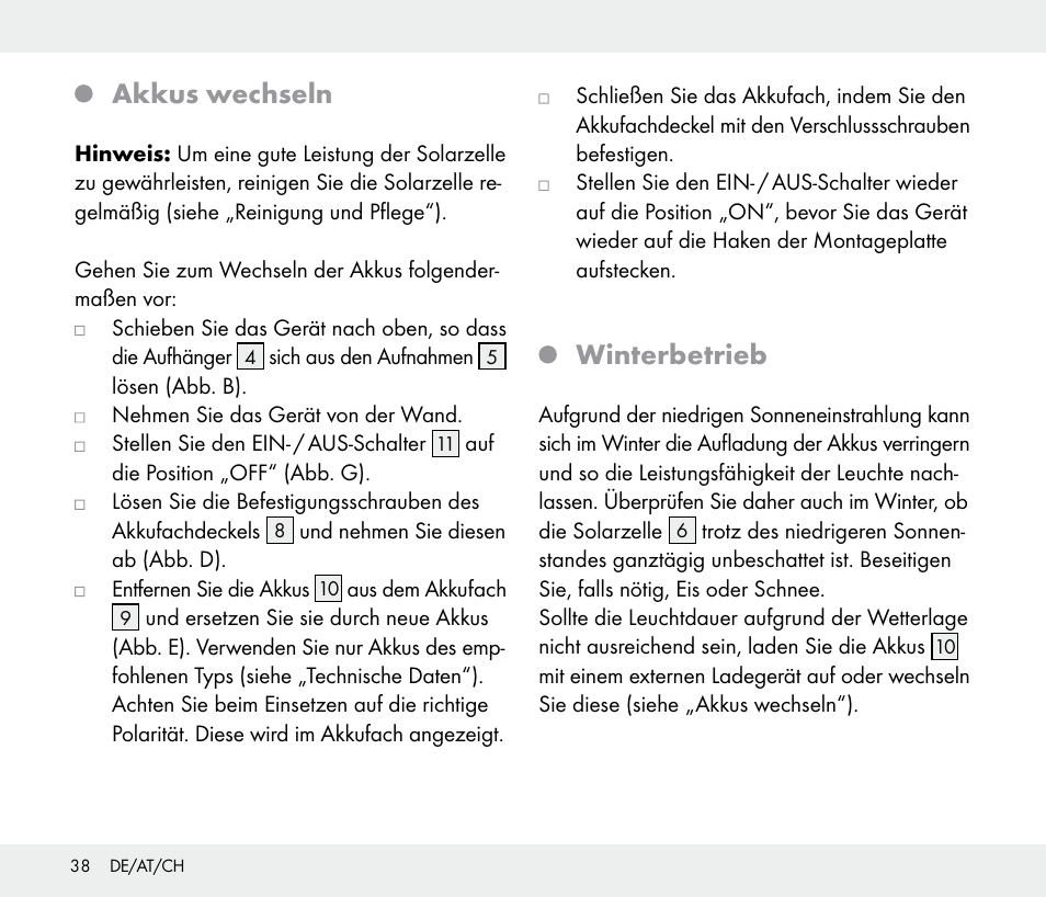 Akkus wechseln, Winterbetrieb | Livarno 108340-14-01/108340-14-02/108340-14-03 User Manual | Page 38 / 42