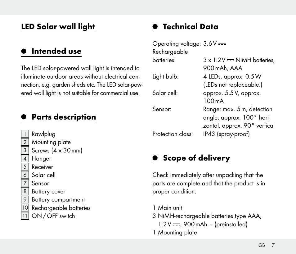 Led solar wall light, Intended use, Parts description | Technical data, Scope of delivery | Livarno 108340-14-01/108340-14-02/108340-14-03 User Manual | Page 7 / 42