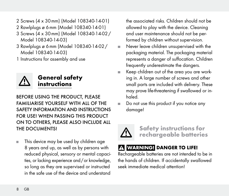 General safety instructions, Safety instructions for rechargeable batteries | Livarno 108340-14-01/108340-14-02/108340-14-03 User Manual | Page 8 / 42