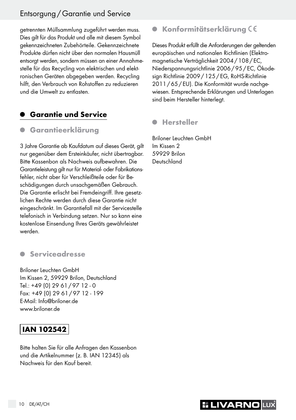 Entsorgung / garantie und service | Livarno 7226 User Manual | Page 10 / 29