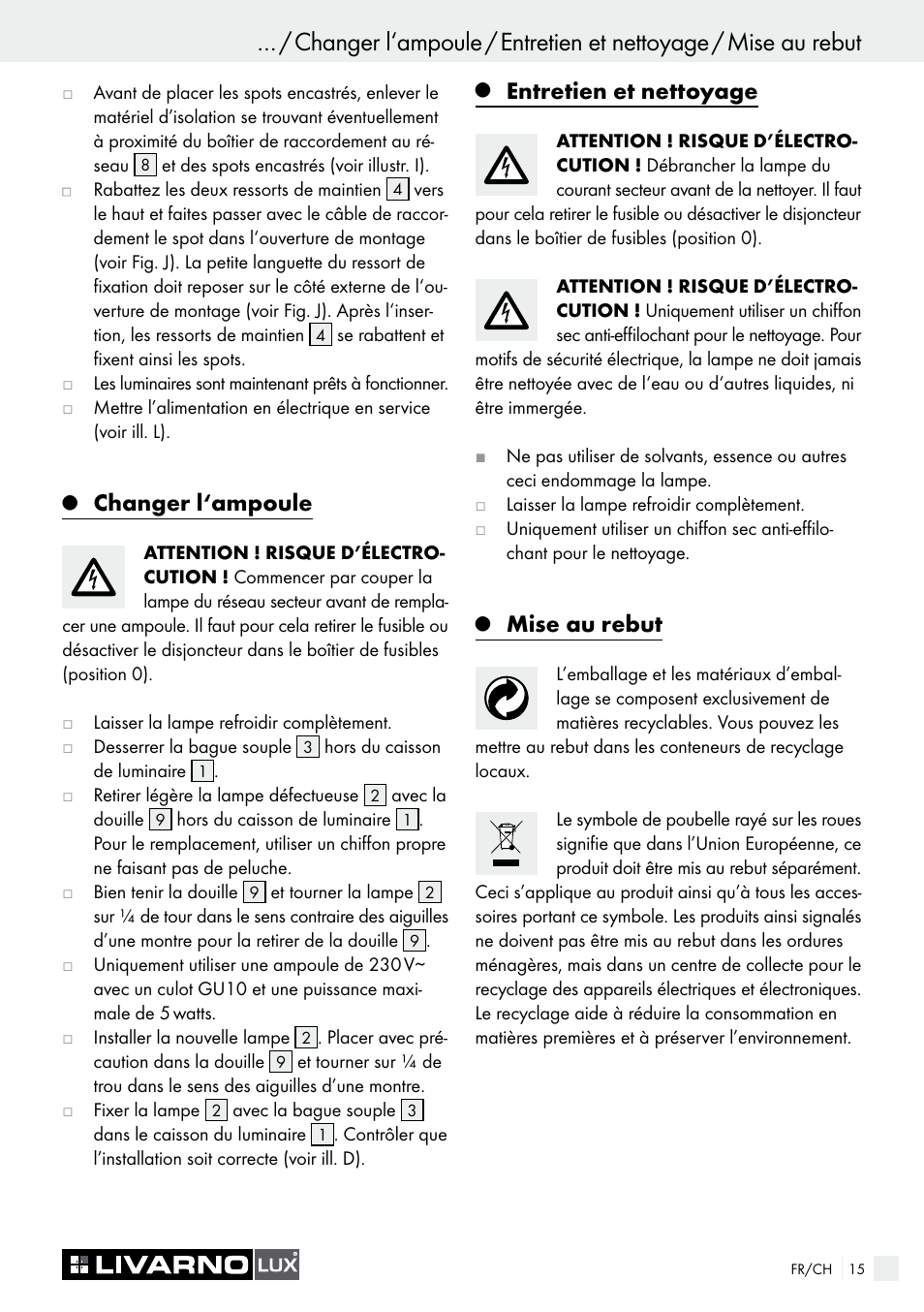 Changer l‘ampoule, Entretien et nettoyage, Mise au rebut | Livarno 7226 User Manual | Page 15 / 29