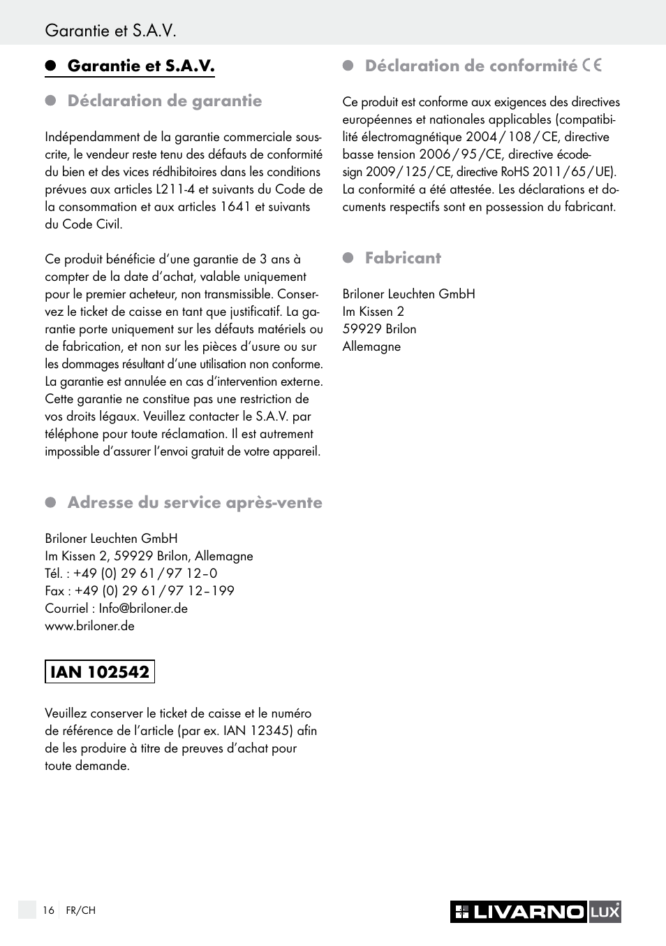 Garantie et s.a.v | Livarno 7226 User Manual | Page 16 / 29