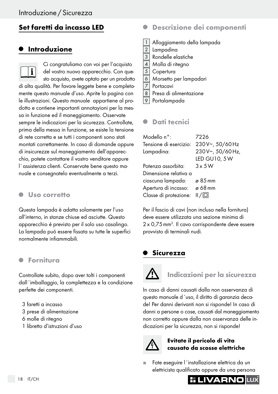 Introduzione / sicurezza, Set faretti da incasso led, Introduzione | Uso corretto, Fornitura, Descrizione dei componenti, Dati tecnici, Sicurezza indicazioni per la sicurezza | Livarno 7226 User Manual | Page 18 / 29