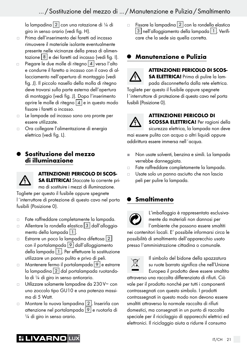 Sostituzione del mezzo di illuminazione, Manutenzione e pulizia, Smaltimento | Livarno 7226 User Manual | Page 21 / 29