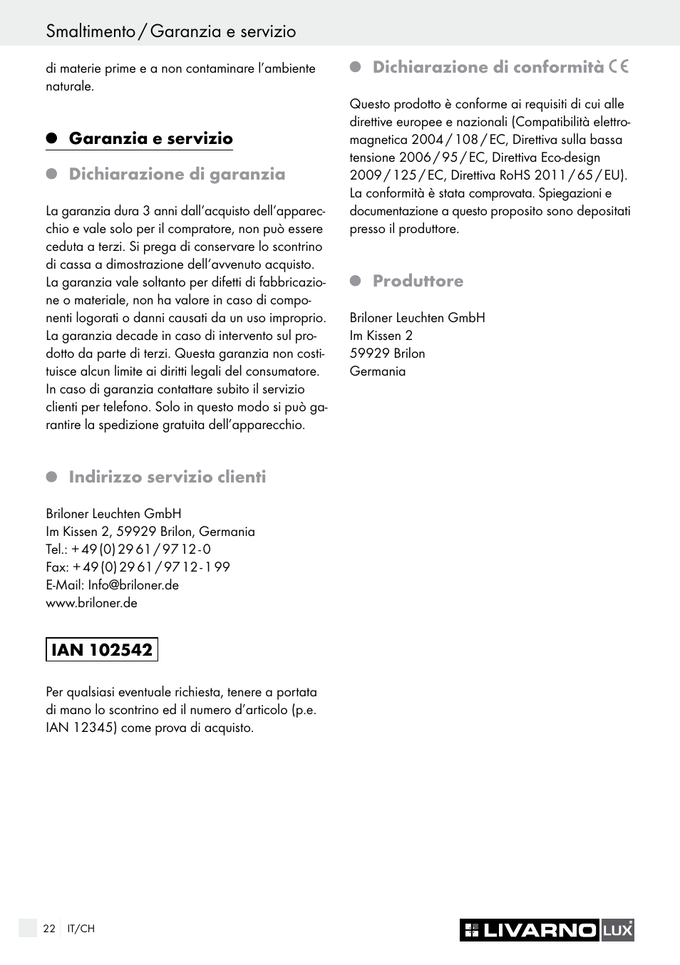 Smaltimento / garanzia e servizio | Livarno 7226 User Manual | Page 22 / 29