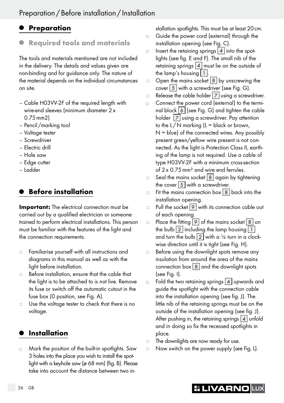 Preparation / before installation / installation, Preparation, Required tools and materials | Before installation, Installation | Livarno 7226 User Manual | Page 26 / 29