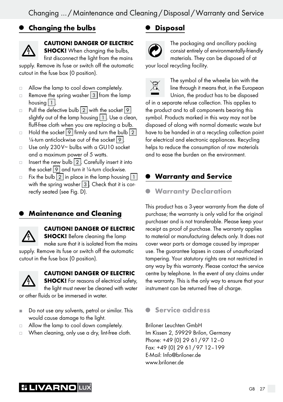 Changing the bulbs, Maintenance and cleaning, Disposal | Warranty and service warranty declaration, Service address | Livarno 7226 User Manual | Page 27 / 29