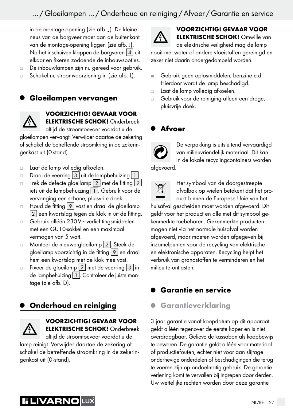 Gloeilampen vervangen, Onderhoud en reiniging, Afvoer | Garantie en service garantieverklaring | Livarno 7226 User Manual | Page 27 / 35