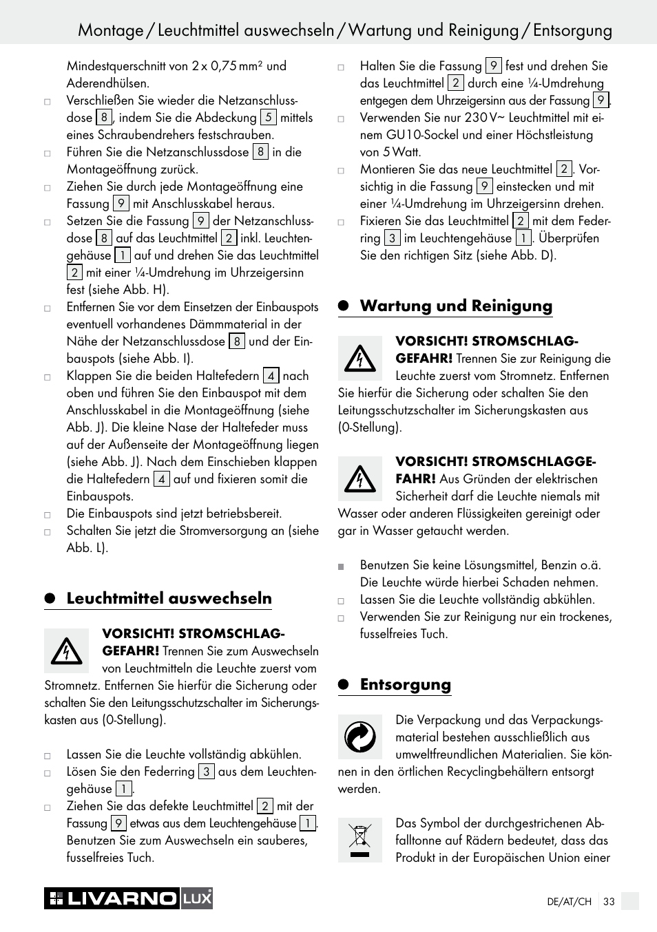 Leuchtmittel auswechseln, Wartung und reinigung, Entsorgung | Livarno 7226 User Manual | Page 33 / 35