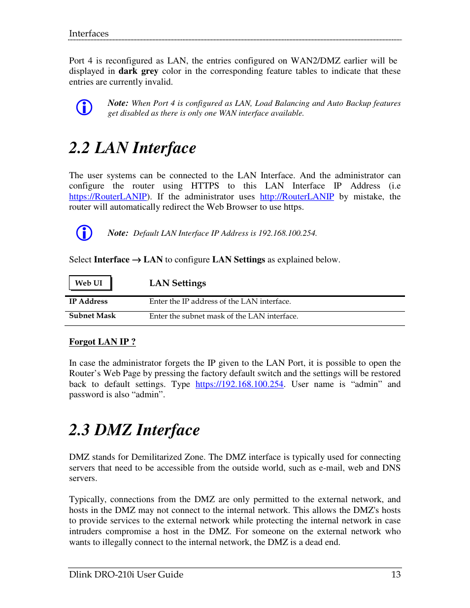 Nterface, 2 lan interface, 3 dmz interface | D-Link DRO-210i User Manual | Page 13 / 78