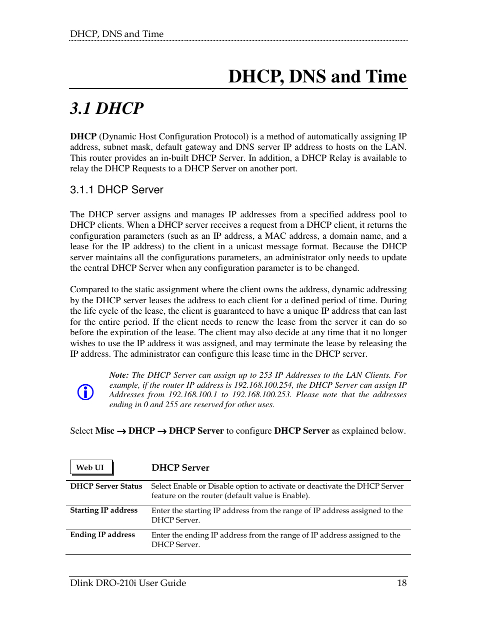 3 dhcp, dns and time, Dhcp, 1 dhcp server | 3dhcp, dns and time, 1 dhcp | D-Link DRO-210i User Manual | Page 18 / 78