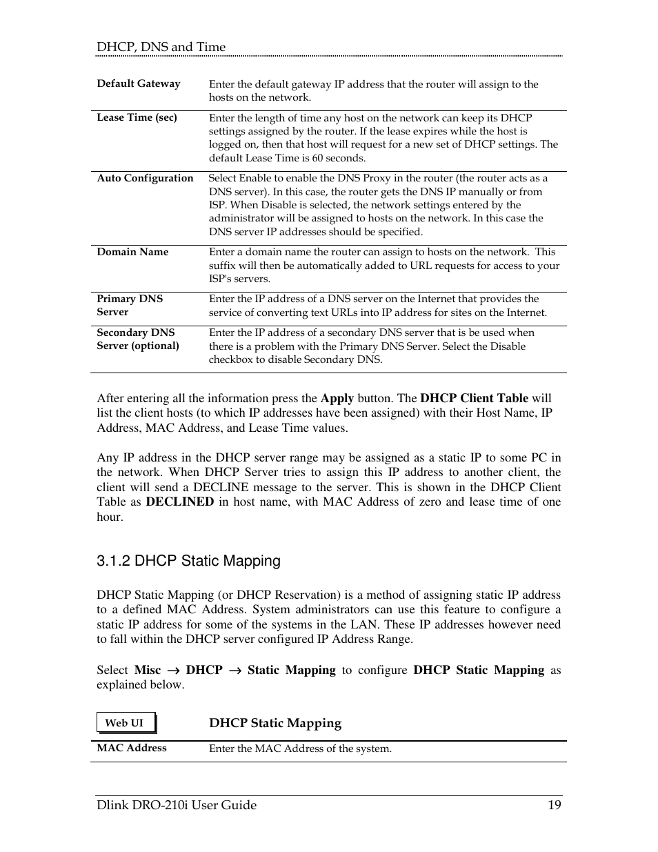 2 dhcp static mapping | D-Link DRO-210i User Manual | Page 19 / 78