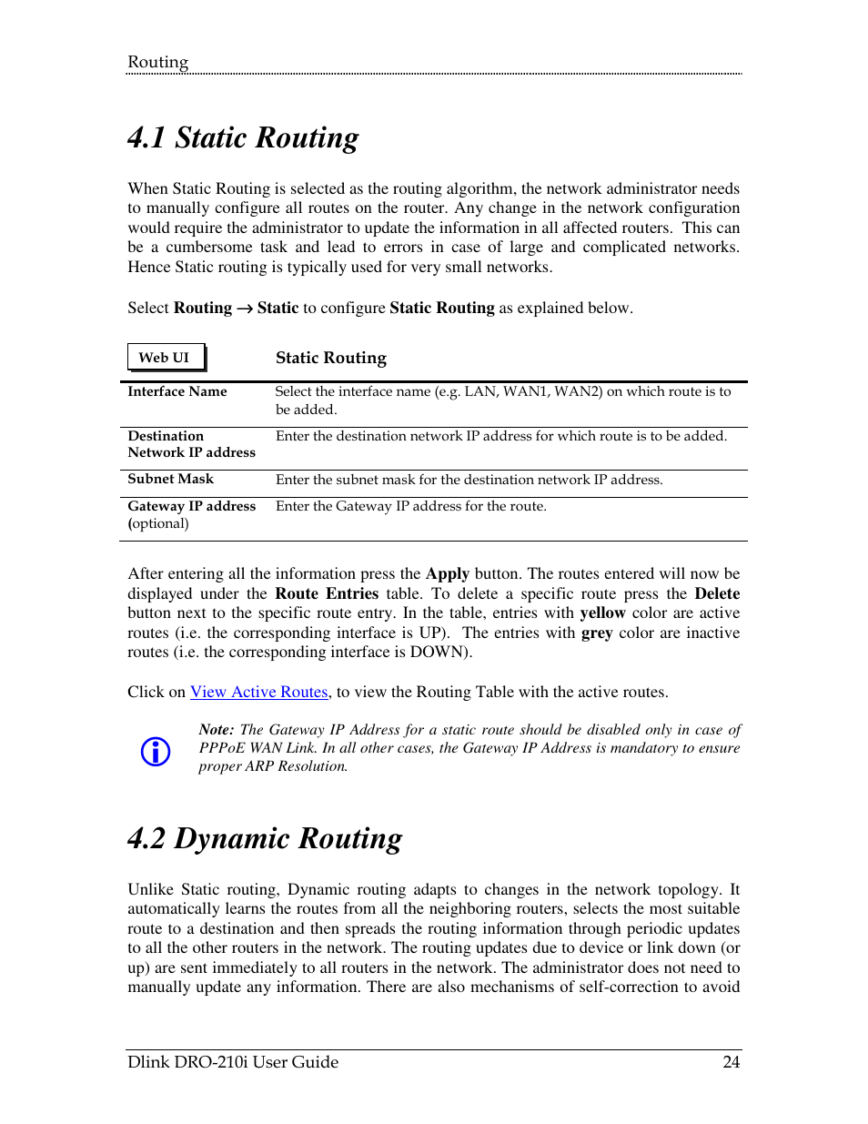 Tatic, Outing, Ynamic | 1 static routing, 2 dynamic routing | D-Link DRO-210i User Manual | Page 24 / 78