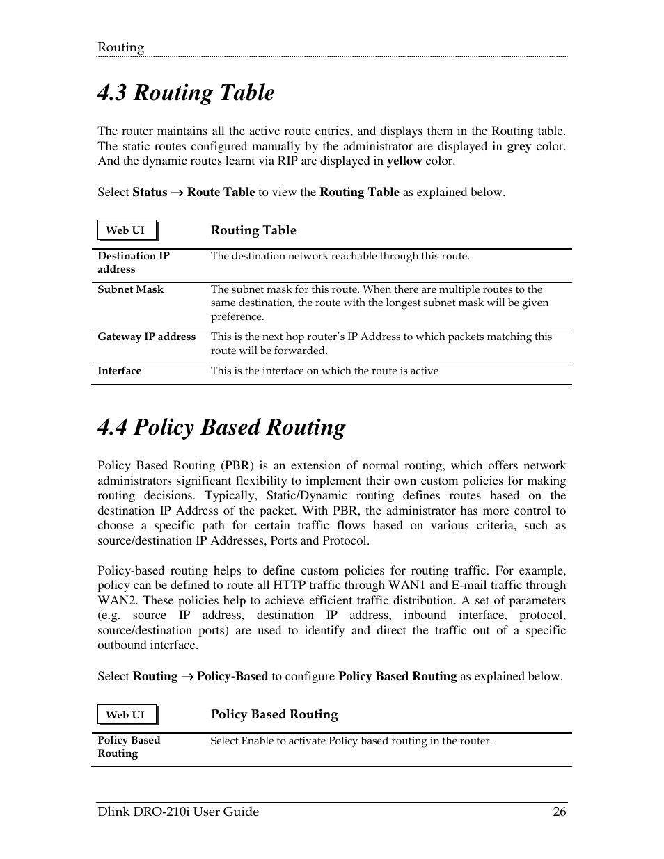 Outing, Able, Olicy | Ased, 3 routing table, 4 policy based routing | D-Link DRO-210i User Manual | Page 26 / 78