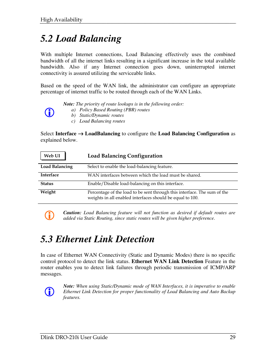 Alancing, Thernet, Etection | 2 load balancing, 3 ethernet link detection | D-Link DRO-210i User Manual | Page 29 / 78