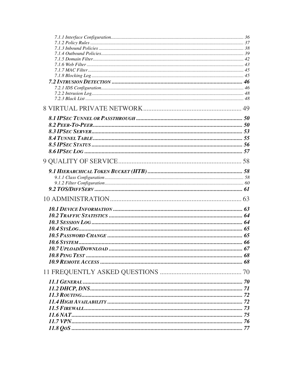 8 virtual private network, 9 quality of service, 10 administration | 11 frequently asked questions | D-Link DRO-210i User Manual | Page 3 / 78