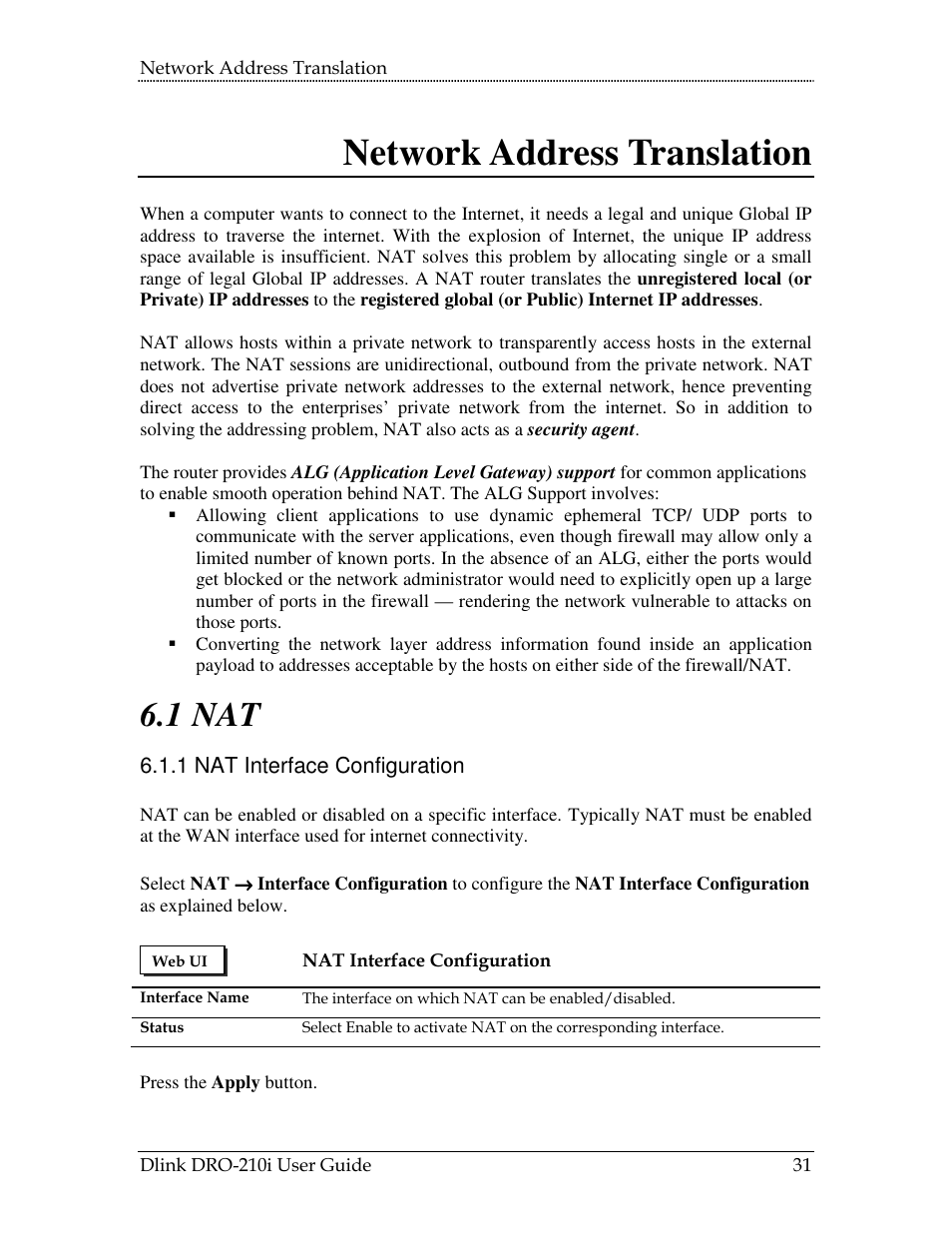 6 network address translation, 1 nat interface configuration, 6network address translation | 1 nat | D-Link DRO-210i User Manual | Page 31 / 78