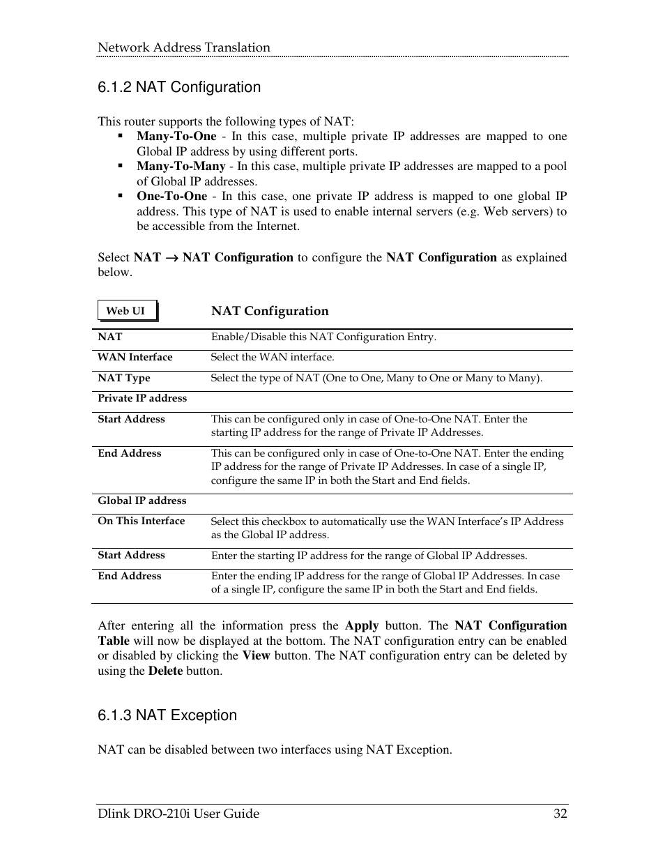 2 nat configuration, 3 nat exception | D-Link DRO-210i User Manual | Page 32 / 78