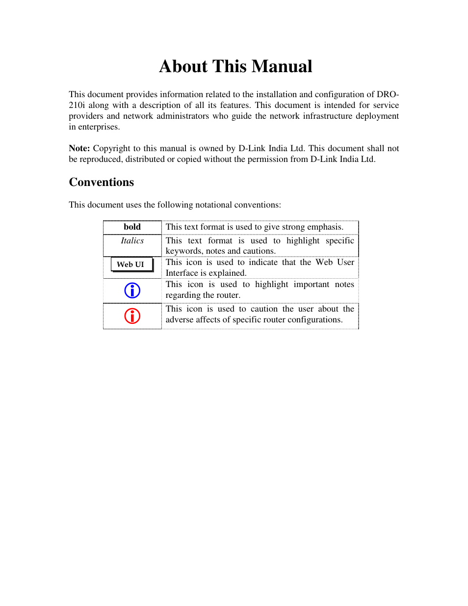 About this manual, Conventions | D-Link DRO-210i User Manual | Page 4 / 78