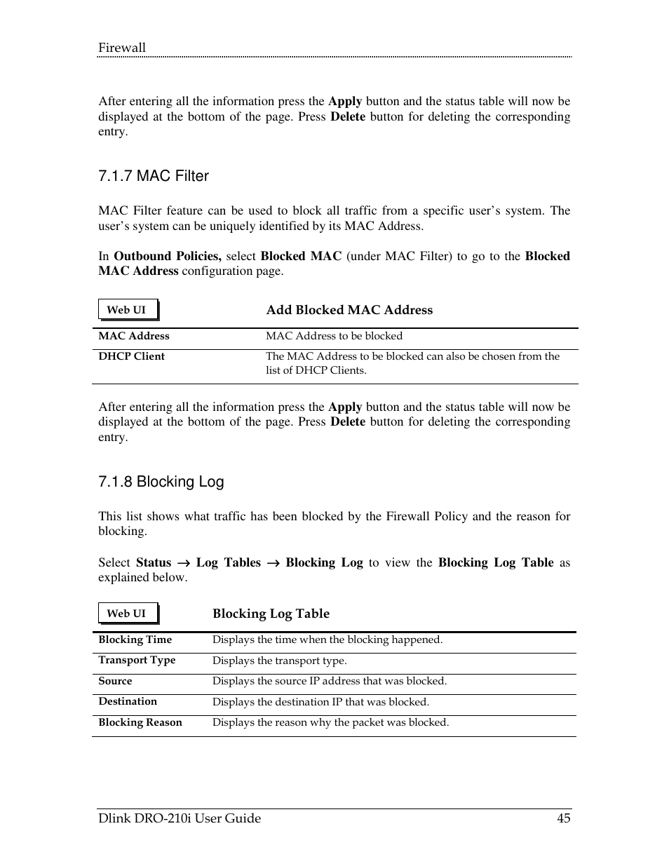 7 mac filter, 8 blocking log | D-Link DRO-210i User Manual | Page 45 / 78
