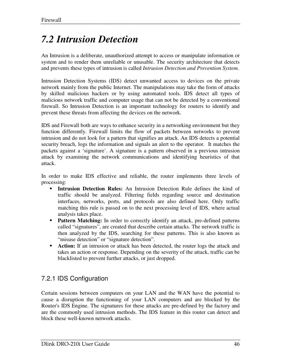 Ntrusion, Etection, 1 ids configuration | 2 intrusion detection | D-Link DRO-210i User Manual | Page 46 / 78