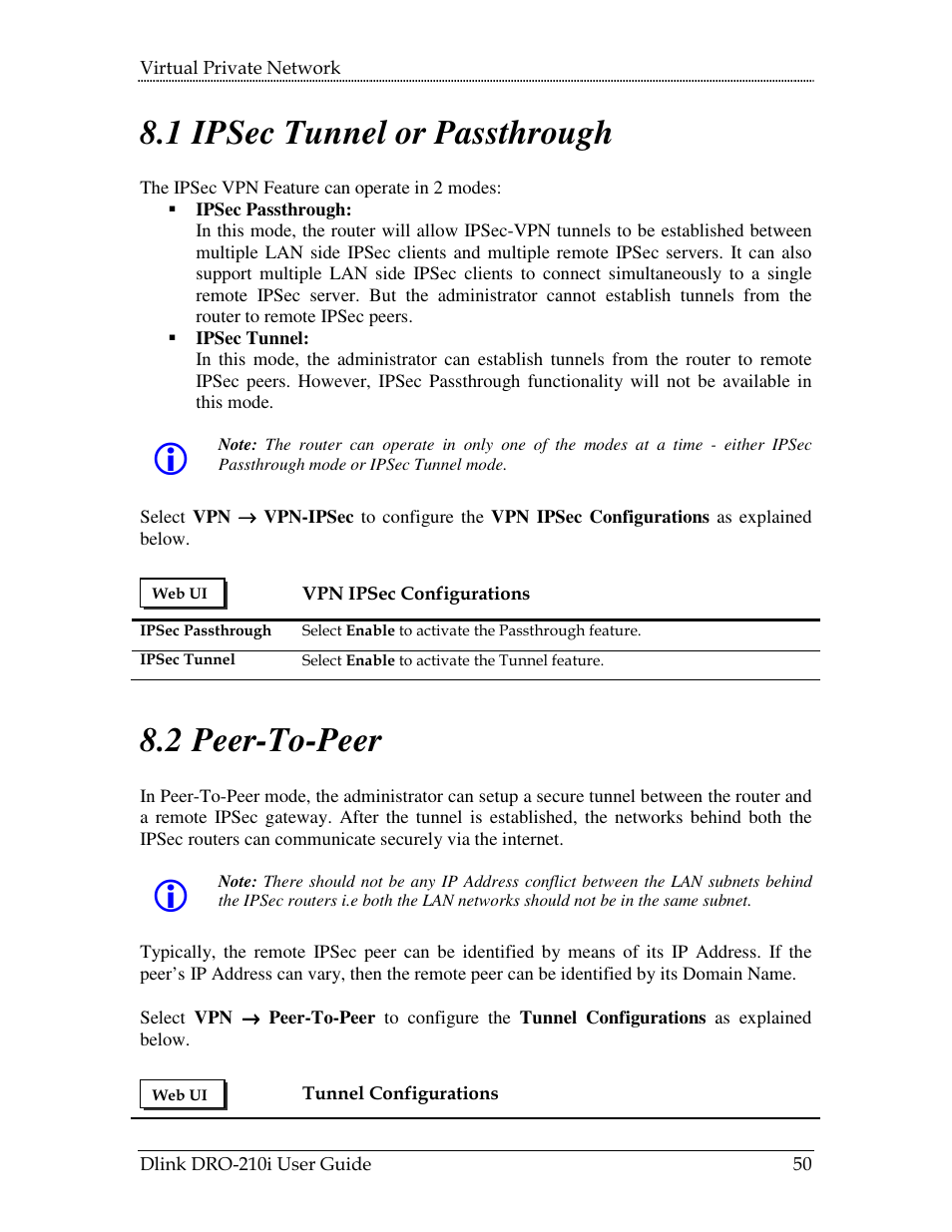 Unnel or, Assthrough, 1 ipsec tunnel or passthrough | 2 peer-to-peer | D-Link DRO-210i User Manual | Page 50 / 78