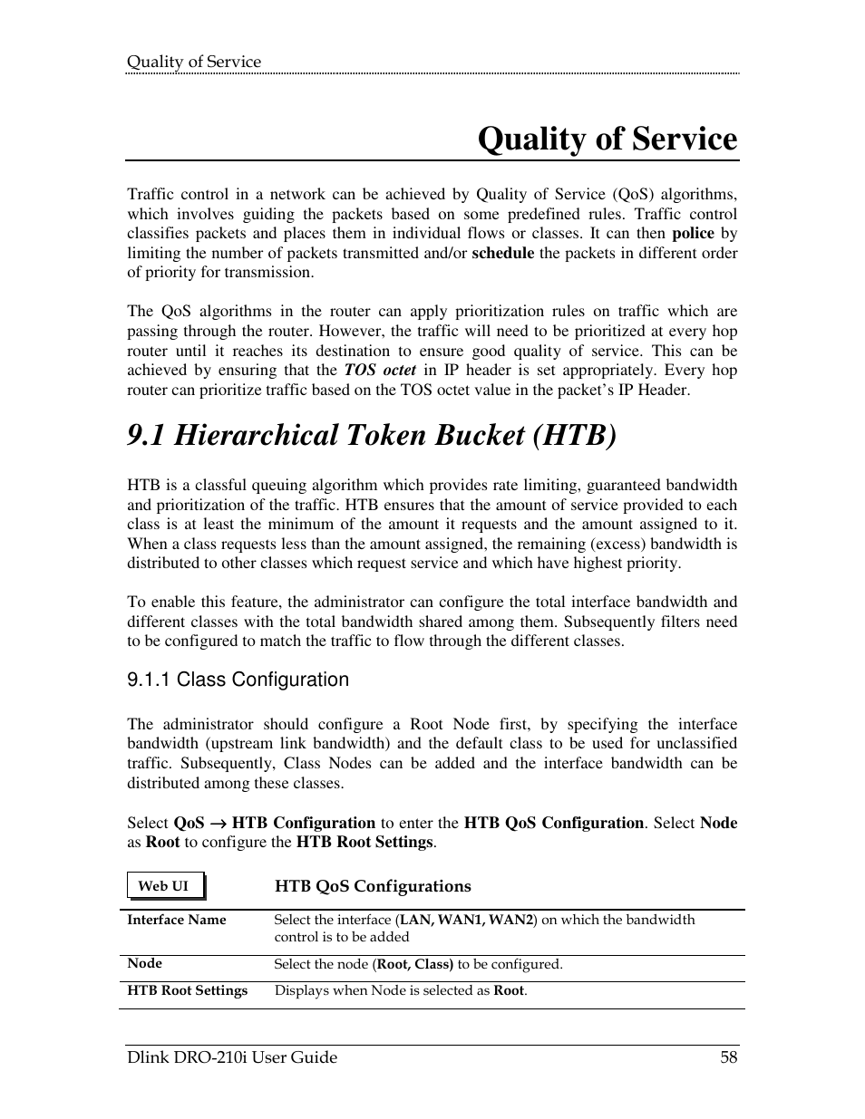 9 quality of service, Ierarchical, Oken | Ucket, Htb), 1 class configuration, 9quality of service, 1 hierarchical token bucket (htb) | D-Link DRO-210i User Manual | Page 58 / 78