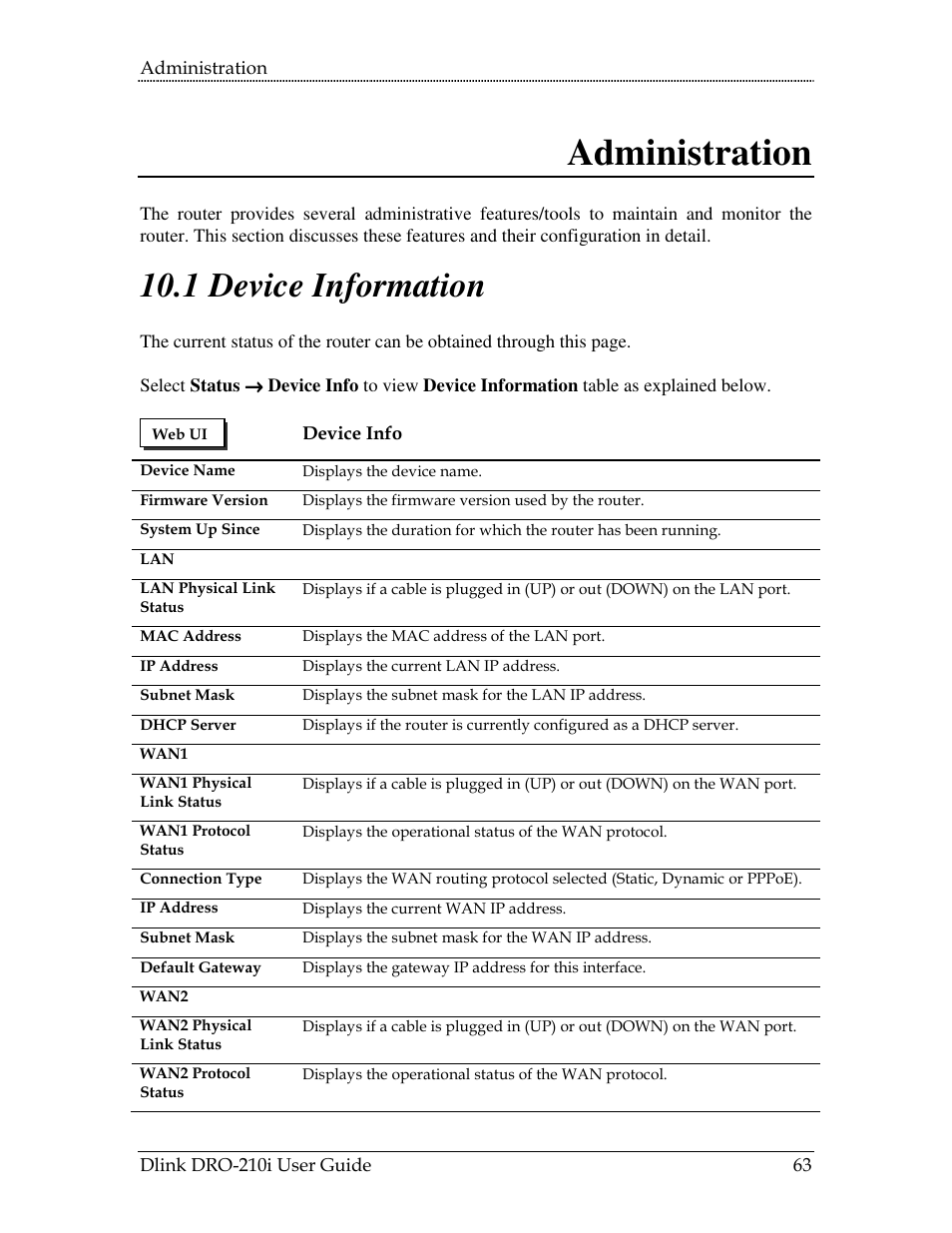 10 administration, Evice, Nformation | 1 device information | D-Link DRO-210i User Manual | Page 63 / 78