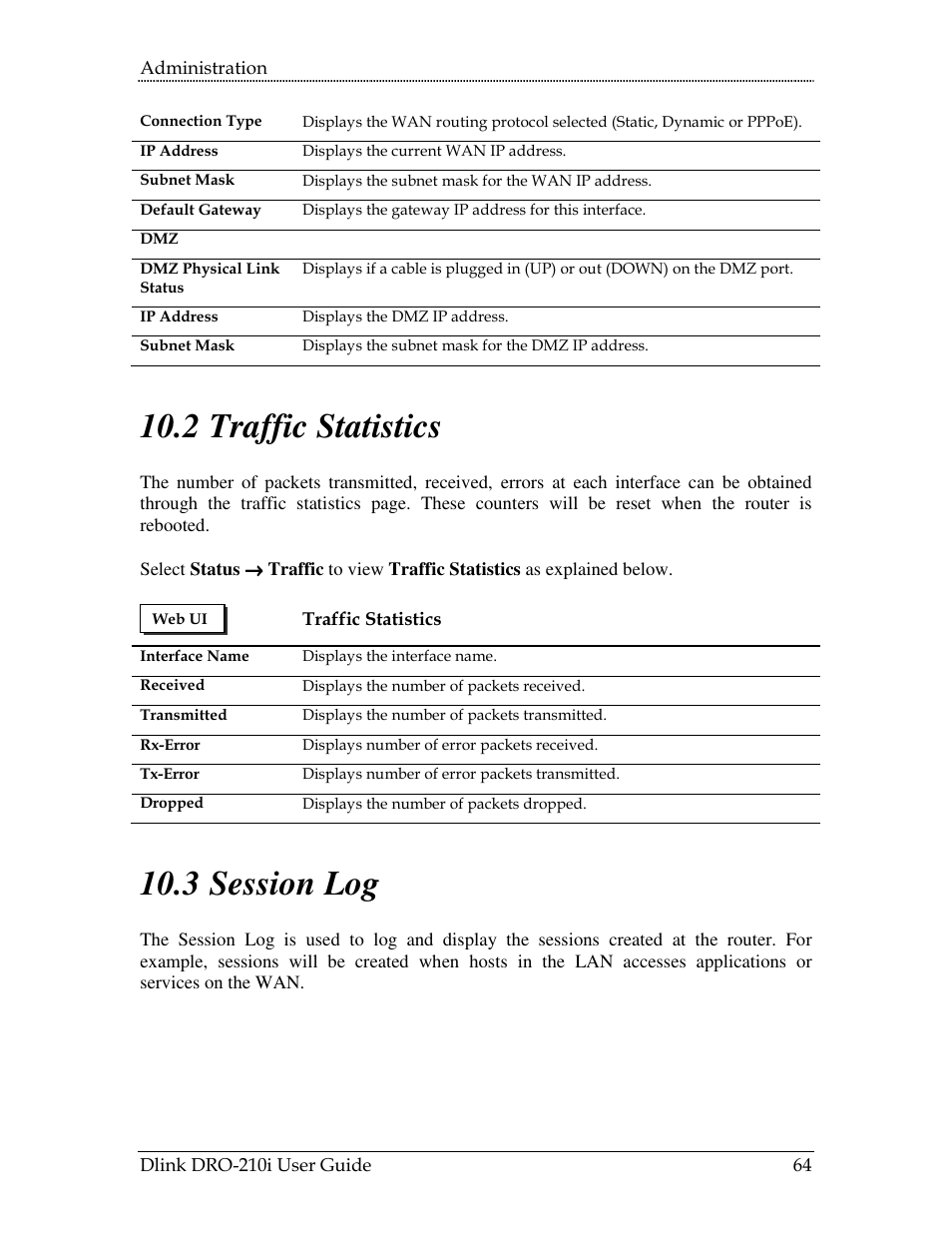 Raffic, Tatistics, Ession | 2 traffic statistics, 3 session log | D-Link DRO-210i User Manual | Page 64 / 78